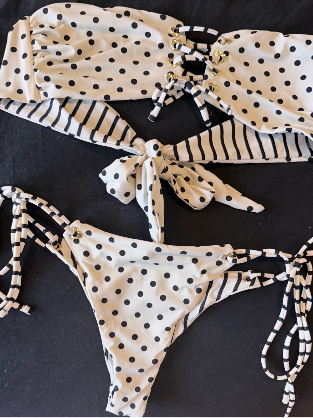 Polka Dot & Stripe Tie Bikini Set in Ivory and Black